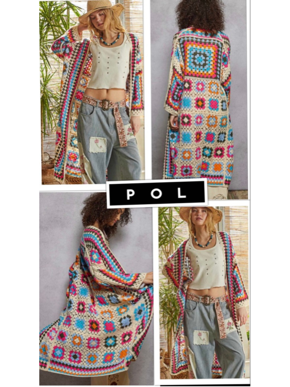 NEW Pol SAACHI Style Boho Crochet Retro Inspired Granny Square Duster Cardigan
